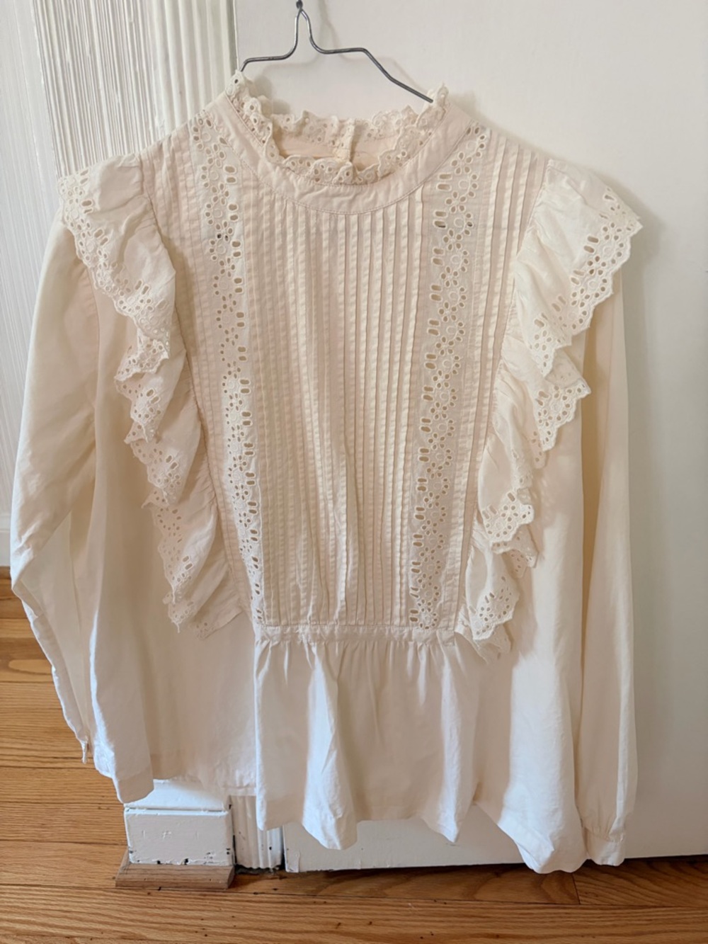Skall Studio Eyelet Pintuck Long-Sleeve Blouse in Cream